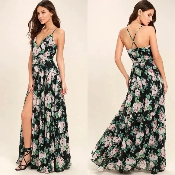Lulus Legendary Romance Black Floral Print Wrap Maxi Dress Size M - Picture 4 of 12